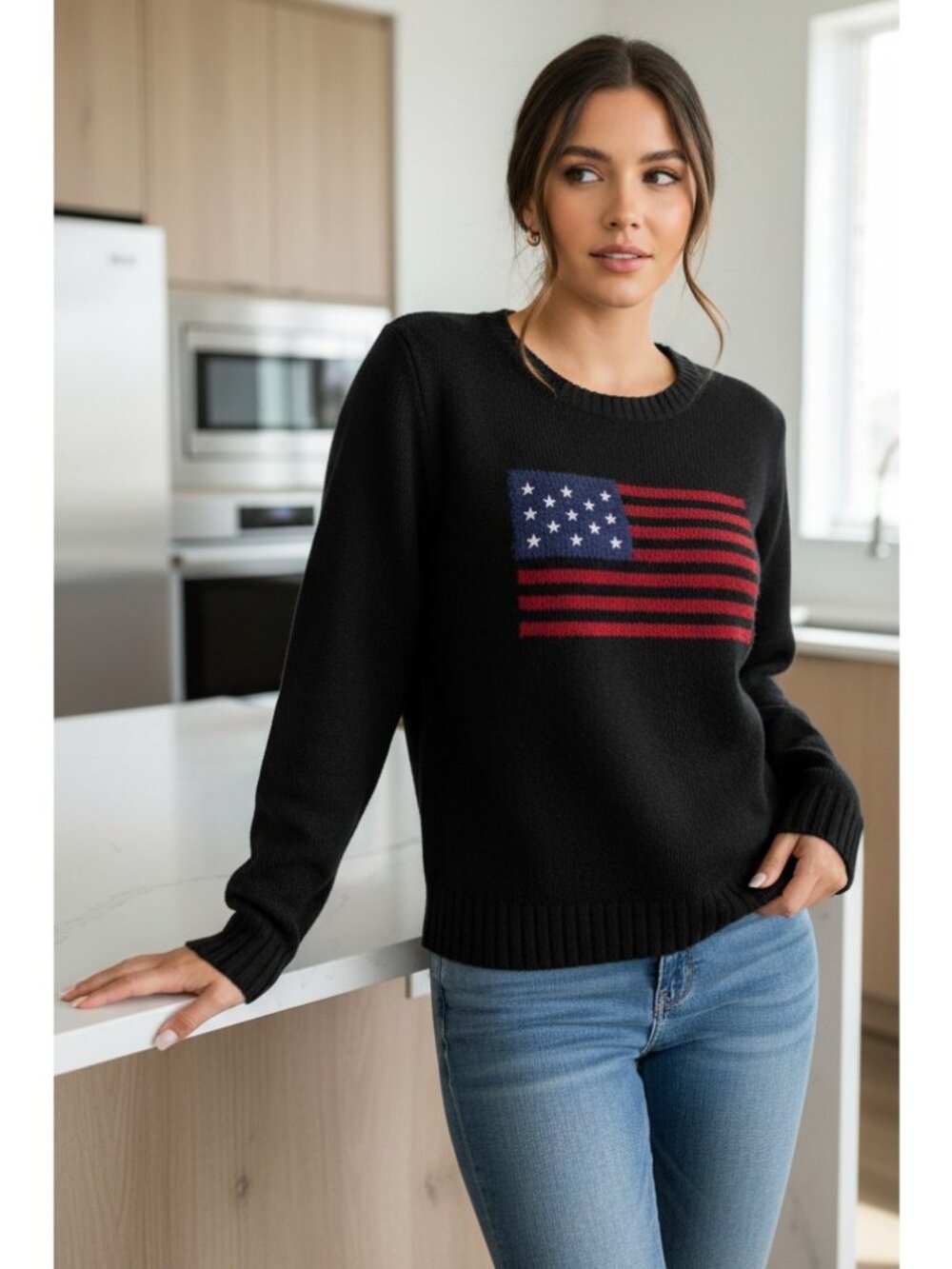 American USA Flag Stars & Stripes Round Neck Long Sleeve Pullover Knit Sweater